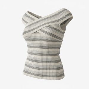 Noble U Gray White Stripe waffle Knit Womens Crop Off Shoulder Top S/M/L